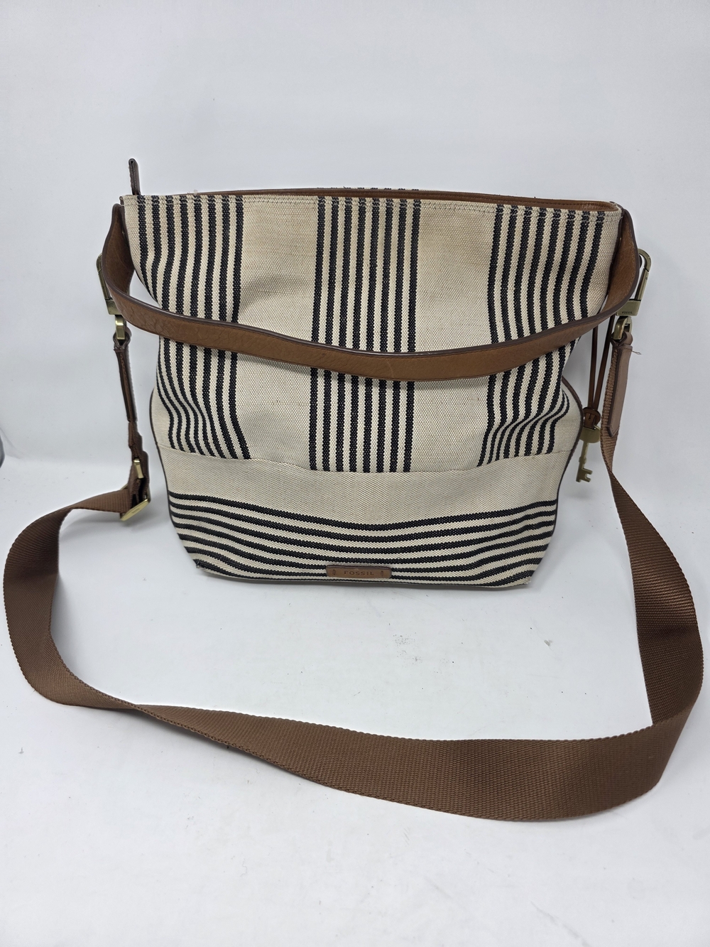 Fossil Canvas Stripe Crossbody Bag Shoulder Purse Leather Trim Key Charm Cream